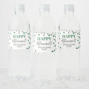Happy Retirement Green Silver Confetti Water Bottle Label