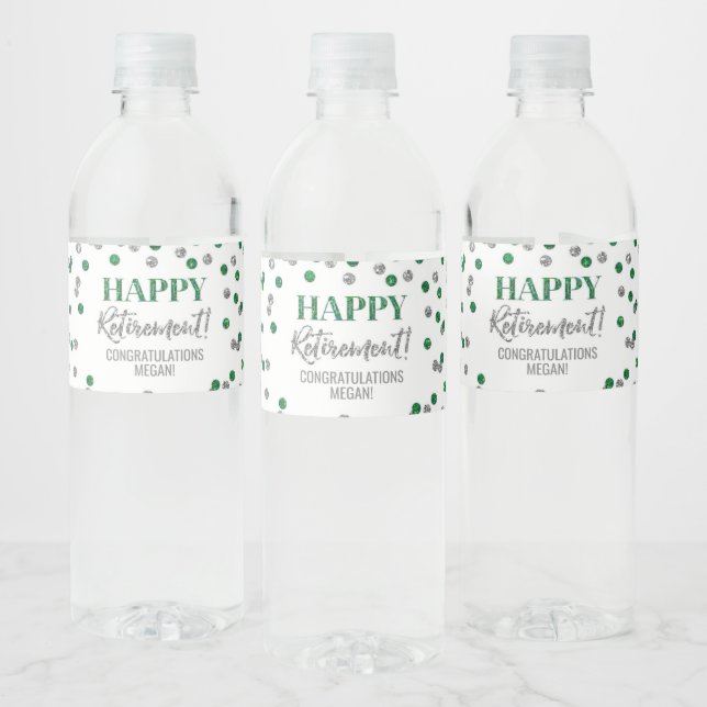 Happy Retirement Green Silver Confetti Water Bottle Label (Bottles)