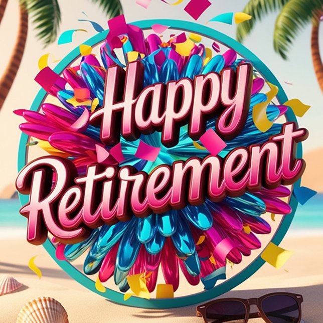 Happy Retirement  Holiday Card (A vibrant beach scene unfolds, showcasing a colorful retirement celebration.)