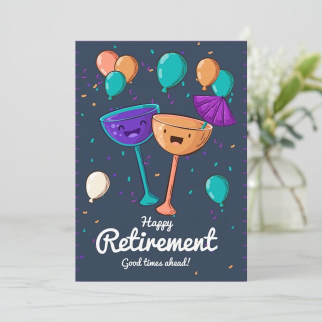 Happy Retirement  Holiday Card (A vibrant animated scene unfolds, showcasing two cheerful cocktail glasses clinking together.)