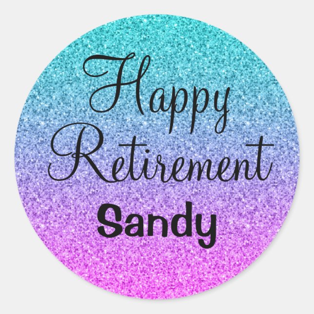 Happy Retirement Ombre Pink Blue Purple Glitter Classic Round Sticker (Front)