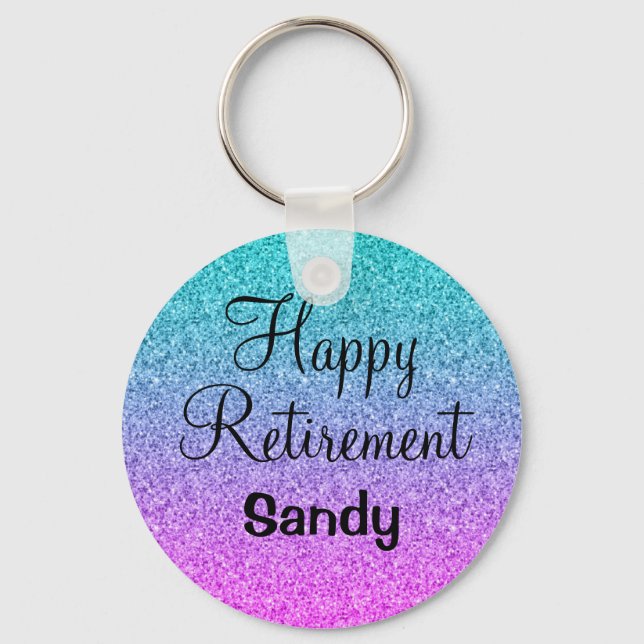 Happy Retirement Ombre Pink Blue Purple Glitter Key Ring (Front)