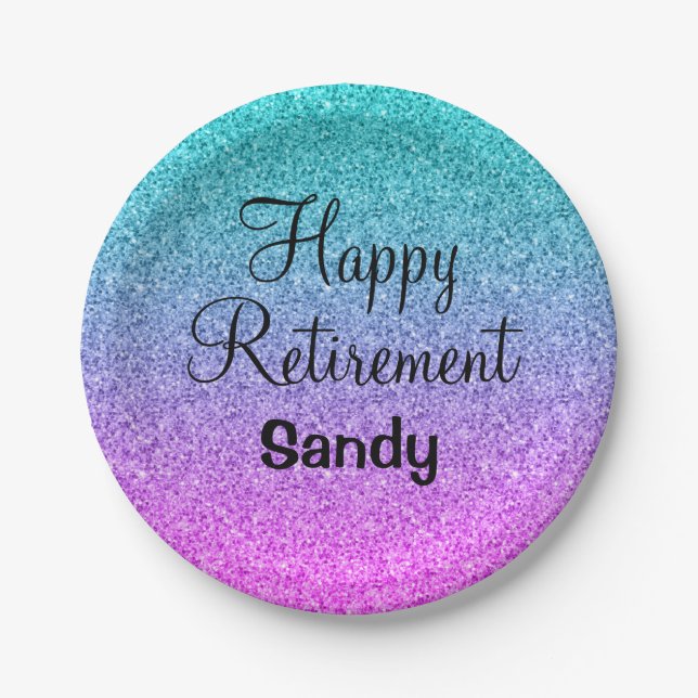 Happy Retirement Ombre Pink Blue Purple Glitter Paper Plate (Front)