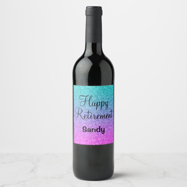 Happy Retirement Ombre Pink Blue Purple Glitter Wine Label (Front)