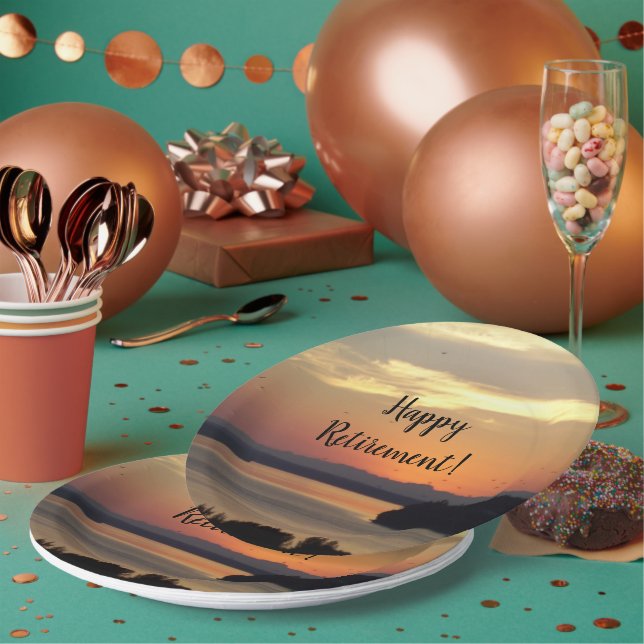 Happy Retirement Orange Seascape Sunset Paper Plate (Multi)