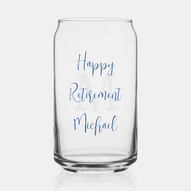 Happy Retirement Party Grey Monogram Blue Name Can Glass (Front)