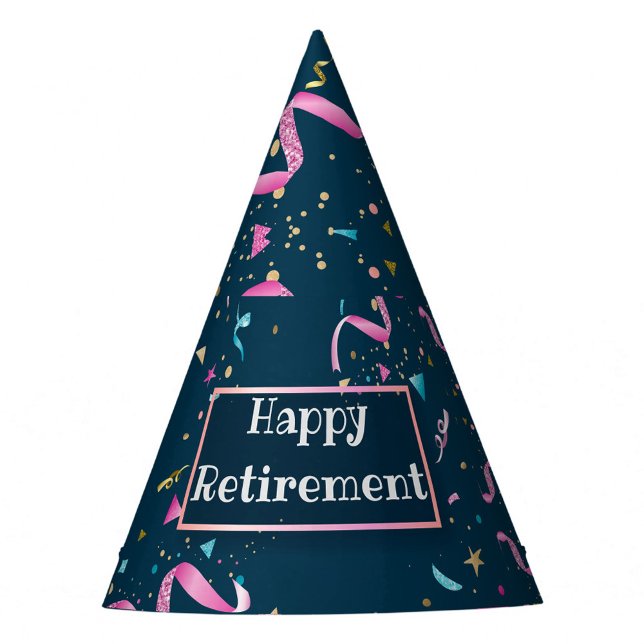 Happy Retirement  Party Hat (A colorful party hat adorned with confetti and ribbons. )