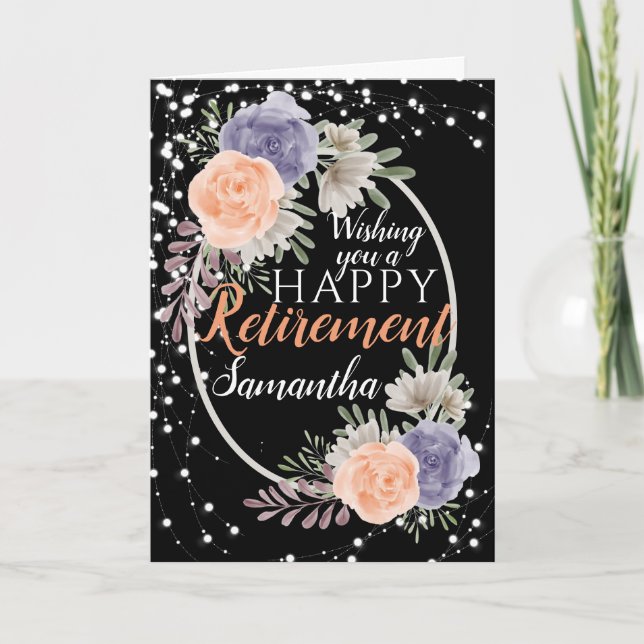 Happy Retirement Peony Rose Floral Black Card (Front)