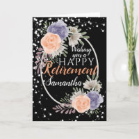 Happy Retirement Peony Rose Floral Black Card