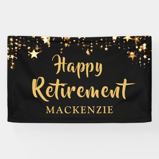 HAPPY RETIREMENT Personalised Black and Gold Stars Banner (Horizontal)