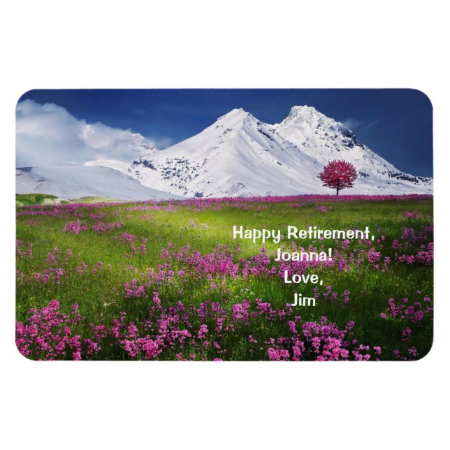 Happy Retirement Personalised Mountains Flowers Magnet (Horizontal)