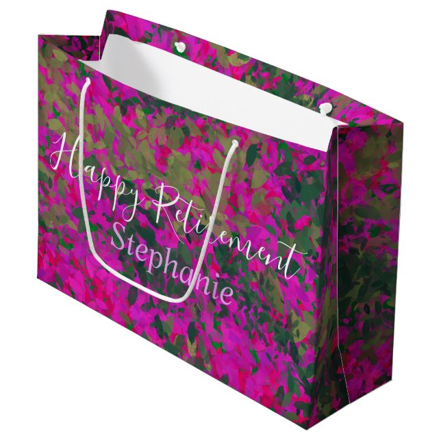Happy Retirement Pink Floral Garden Hand Painted Large Gift Bag (Front Angled)