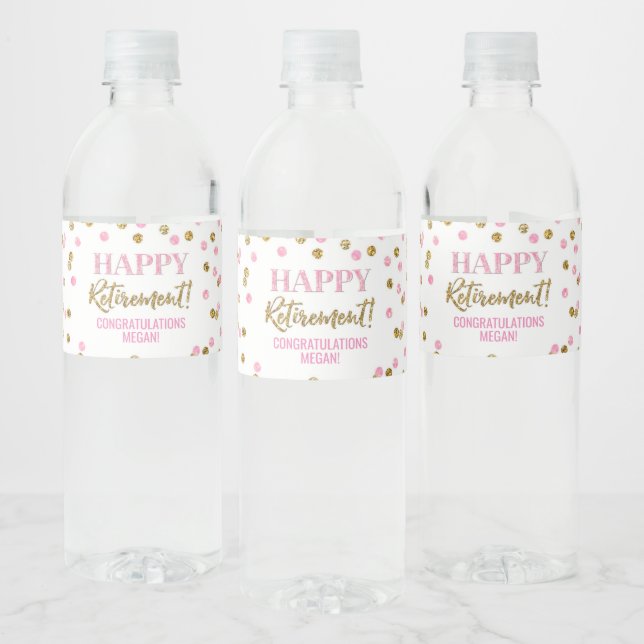 Happy Retirement Pink Gold Confetti Water Bottle Label (Bottles)
