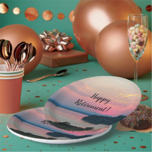 Happy Retirement Pink Seascape Sunset Paper Plate