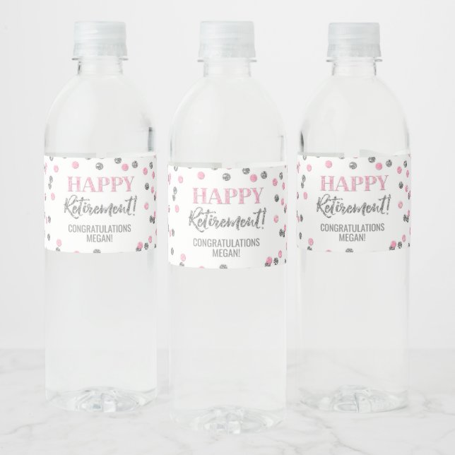 Happy Retirement Pink Silver Confetti Water Bottle Label (Bottles)