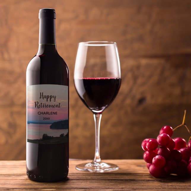 Happy Retirement Pink Sunset with Name Wine Label (In Situ Glass of Wine)