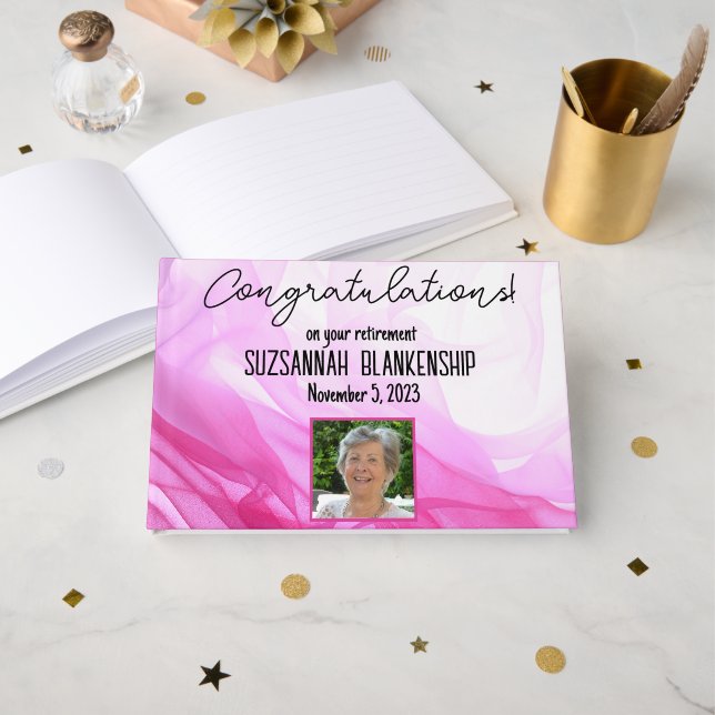 Happy Retirement Pink Watercolor Custom Photo Guest Book (Front Open)
