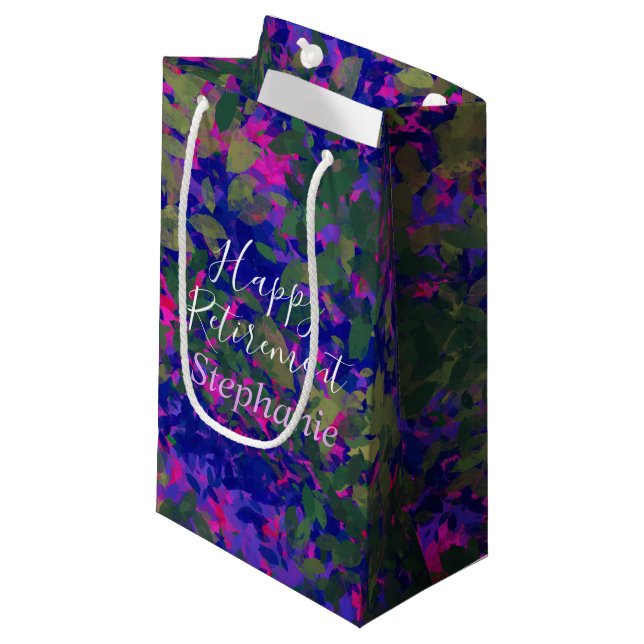 Happy Retirement Purple Blue Garden Hand Painted Small Gift Bag (Front Angled)