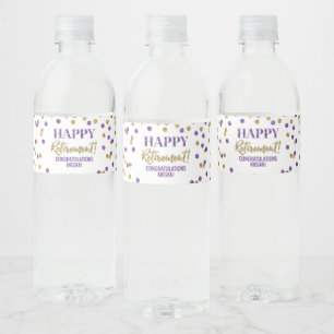 Happy Retirement Purple Gold Confetti Water Bottle Label