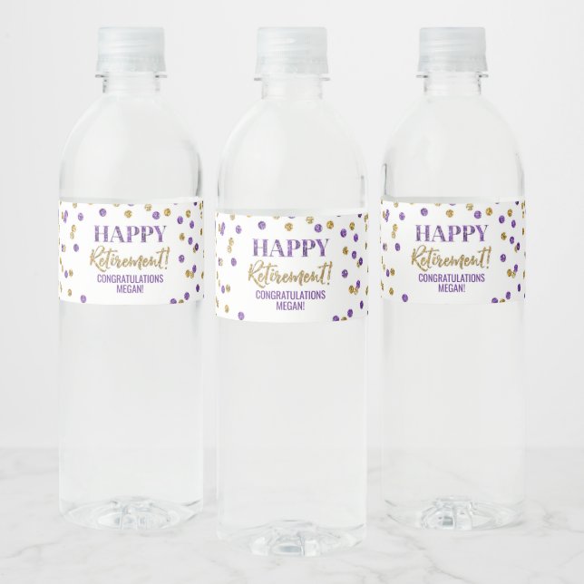 Happy Retirement Purple Gold Confetti Water Bottle Label (Bottles)