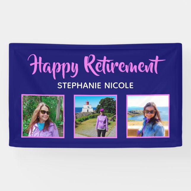 Happy Retirement Purple Pink Multiple Photos Banner (Horizontal)