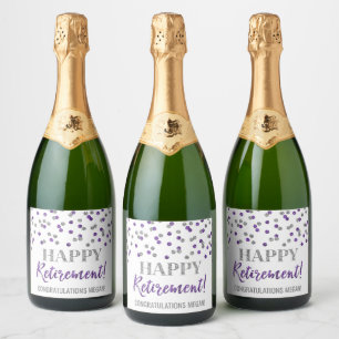 Happy Retirement Purple Silver Confetti Sparkling Wine Label