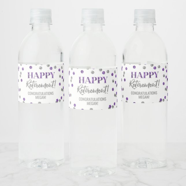 Happy Retirement Purple Silver Confetti Water Bottle Label (Bottles)