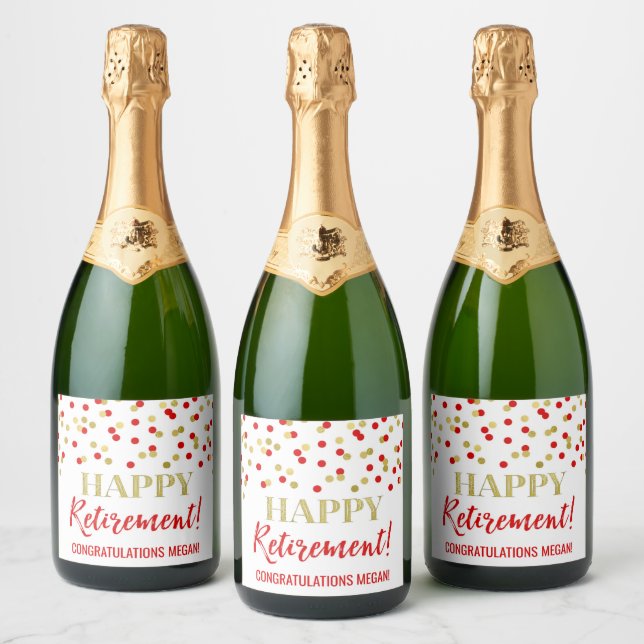 Happy Retirement Red Gold Confetti Sparkling Wine Label (Bottles)