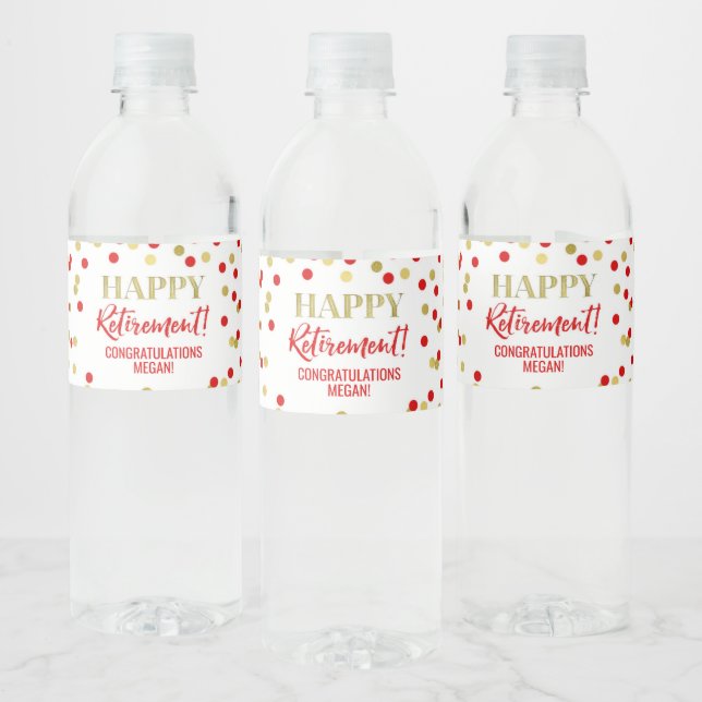 Happy Retirement Red Gold Confetti Water Bottle Label (Bottles)