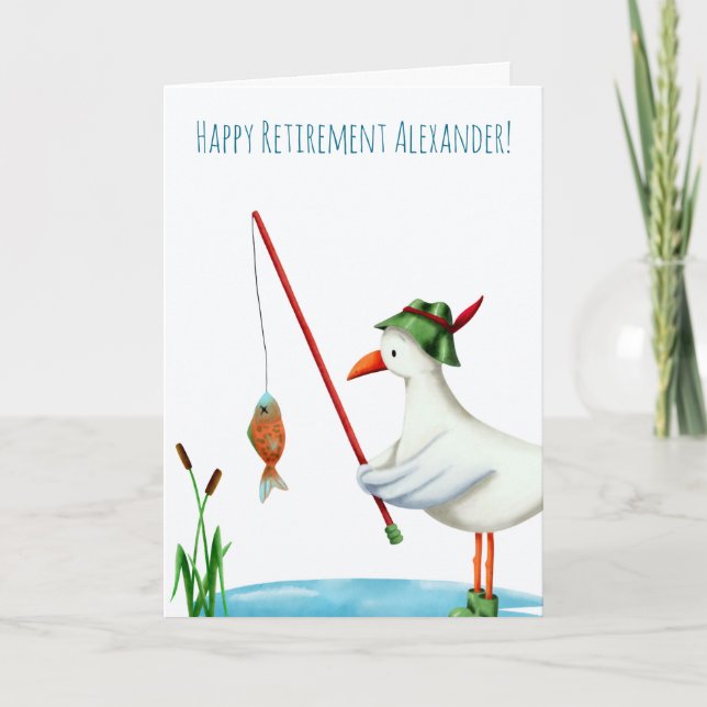Happy Retirement Seagull Fishing Illustrated Card (Front)
