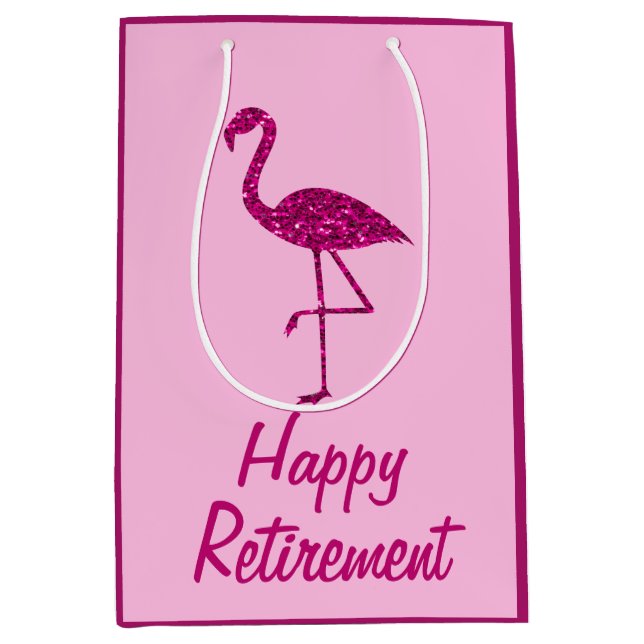Happy retirement sparkly pink flamingo Custom text Medium Gift Bag (Front)