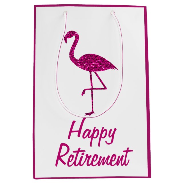 Happy retirement sparkly pink flamingo Custom text Medium Gift Bag (Front)