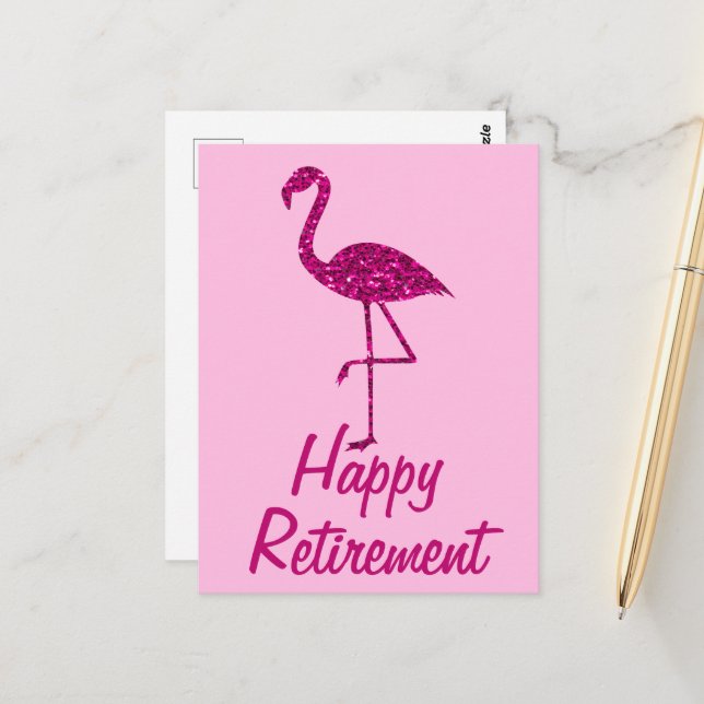 Happy retirement sparkly pink flamingo Custom text Postcard (Front/Back In Situ)