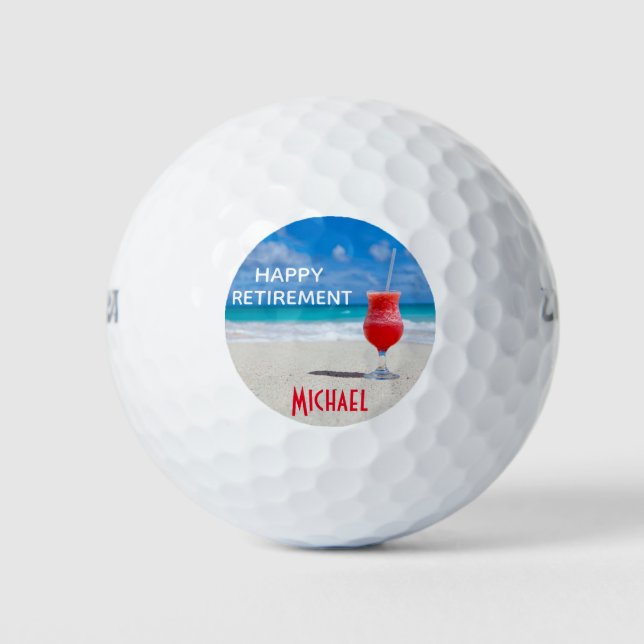 Happy Retirement Tropical Beach Custom Name Golf Balls (Front)