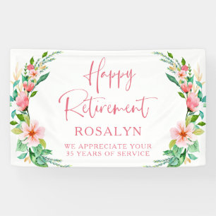 Happy Retirement Tropical Floral Pink Script Banner