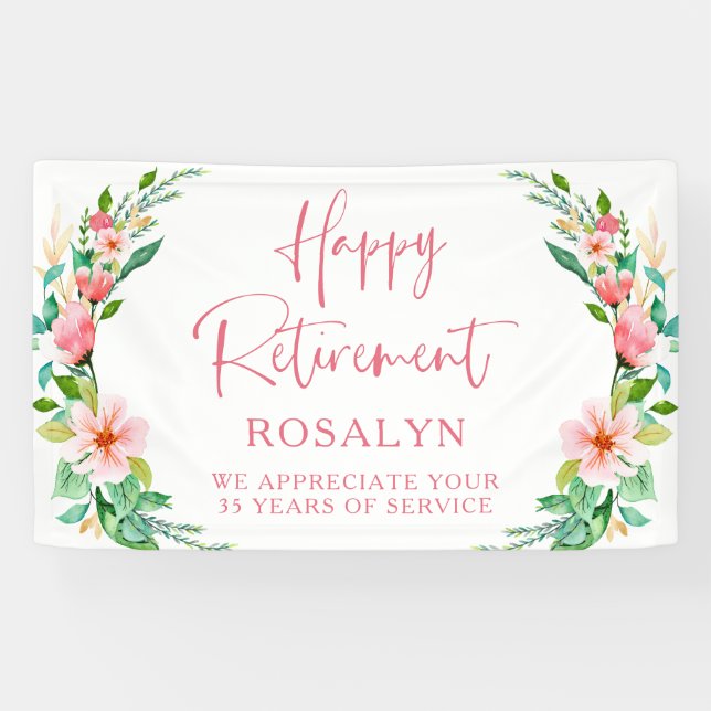 Happy Retirement Tropical Floral Pink Script Banner (Horizontal)