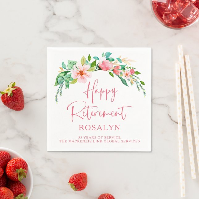 Happy Retirement Tropical Floral Pink Script Napkin (Insitu)