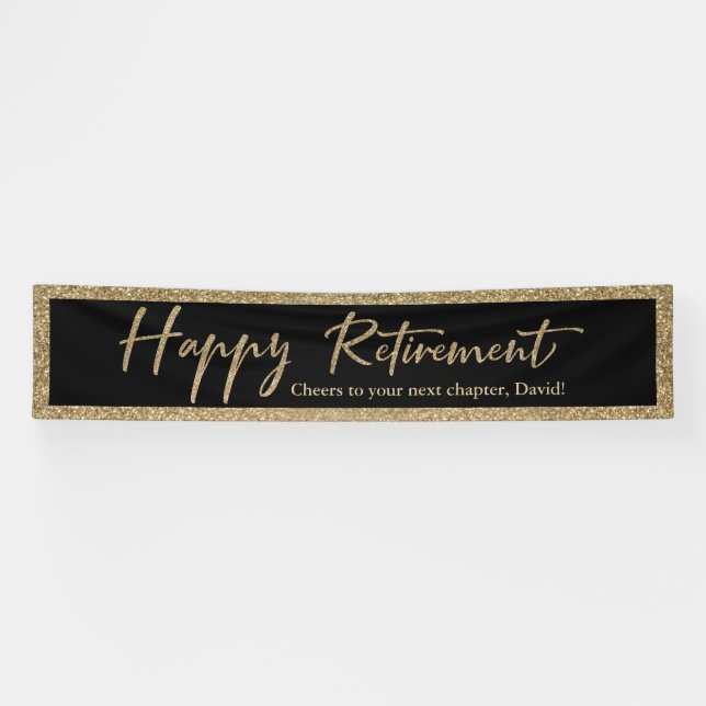 Happy Retirement Typography Gold Glitter and Black Banner (Horizontal)