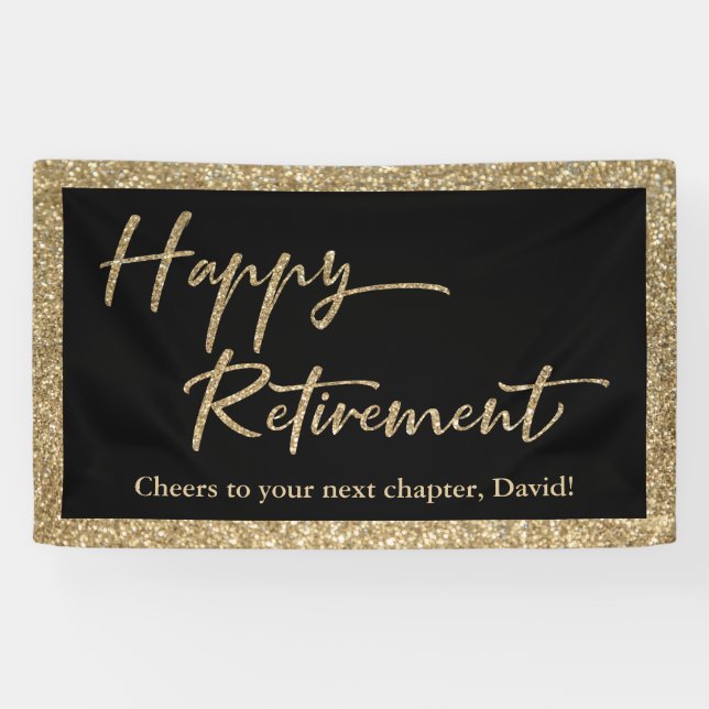 Happy Retirement Typography Gold Glitter and Black Banner (Horizontal)