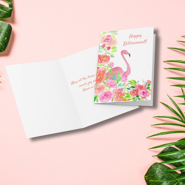 Happy Retirement Watercolor Flamingo With Flowers Card (Flamingo Retirement Card: Celebrate their next chapter with colorful joy and grace.)
