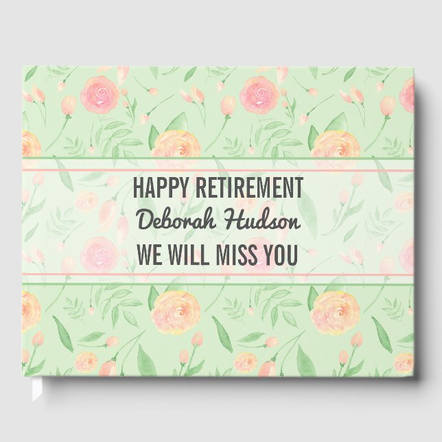 Happy Retirement Watercolor Floral Pattern Guest Book (Front)