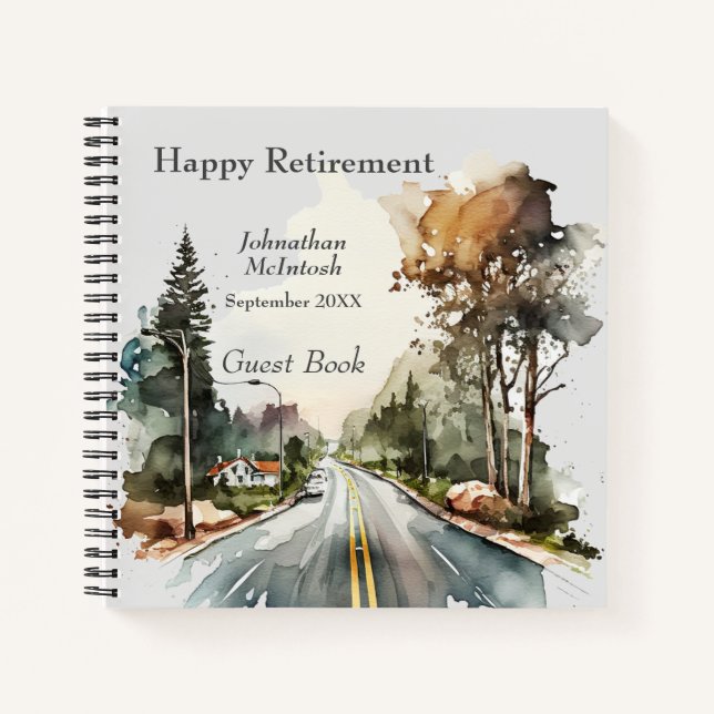Happy Retirement Watercolor Road Guest Notebook (Front)