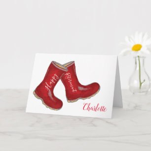 Happy retirement woman's red gardening welly boot card