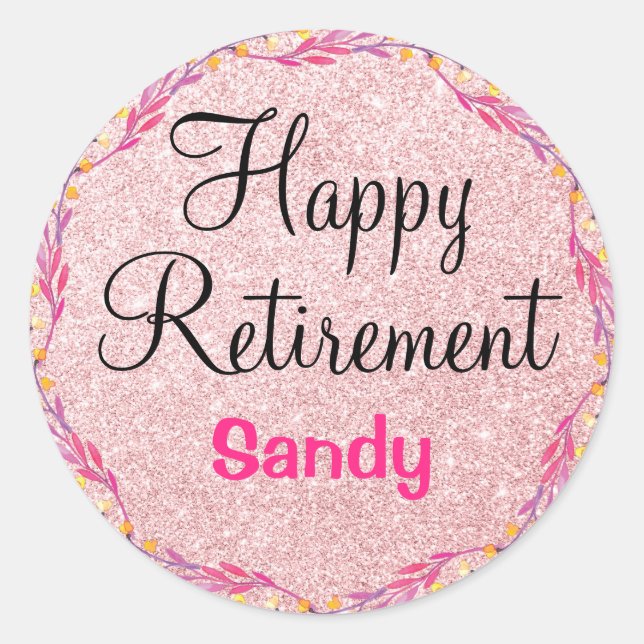 Happy Retirement Wreath Rose Gold Glitter Sparkles Classic Round Sticker (Front)