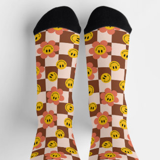 Happy Retro Chequered Pattern with flowers Socks