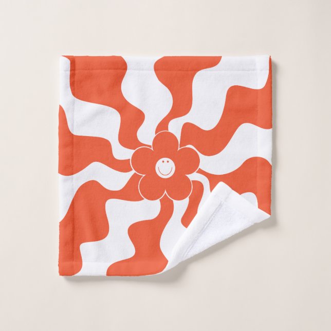 Happy Retro Daisy in Orange and White  Bath Towel Set (Wash Cloth)