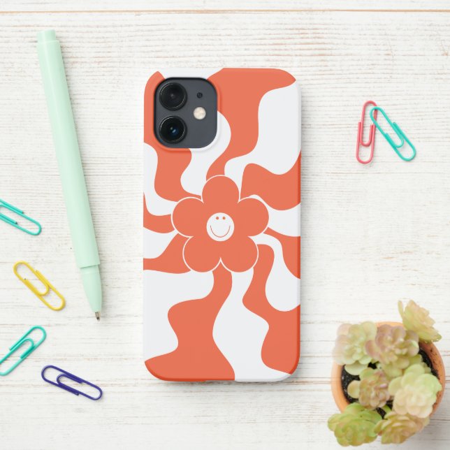 Happy Retro Daisy in Orange and White  iPhone Case (On Desk)