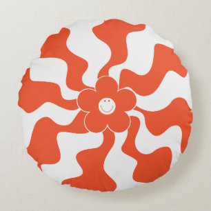 Happy Retro Daisy in Orange and White Round Cushion