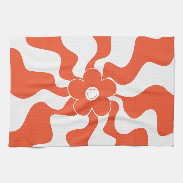 Happy Retro Daisy in Orange and White  Tea Towel (Horizontal)