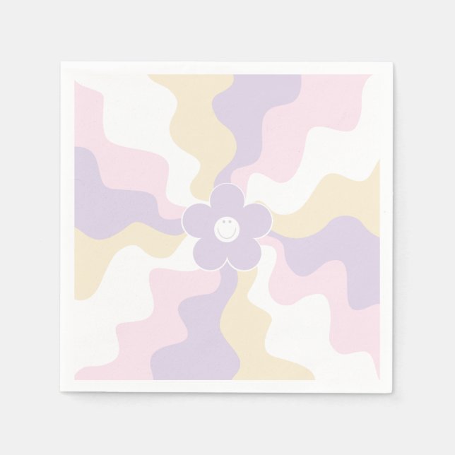 Happy Retro Daisy - Pastel Pink, Yellow and Purple Napkin (Front)
